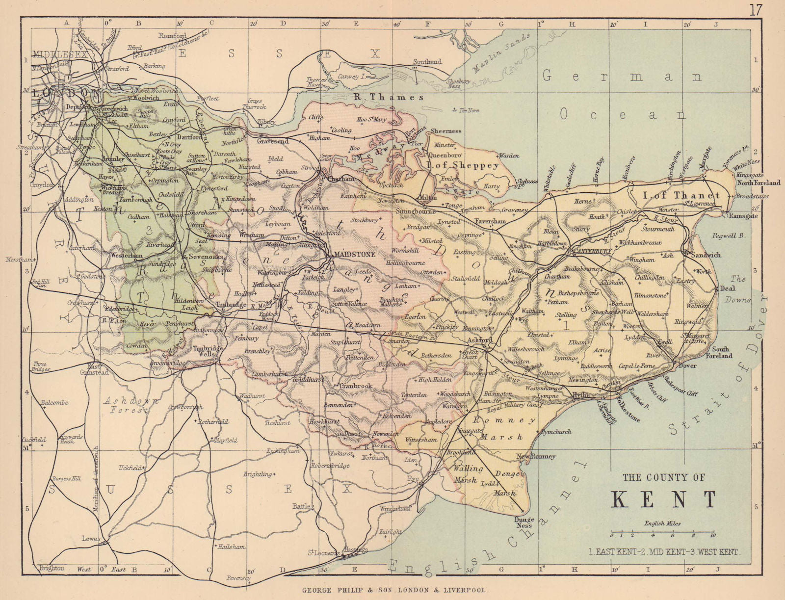 KENT. Antique county map. Railways roads. Constituencies. PHILIP 1885 old